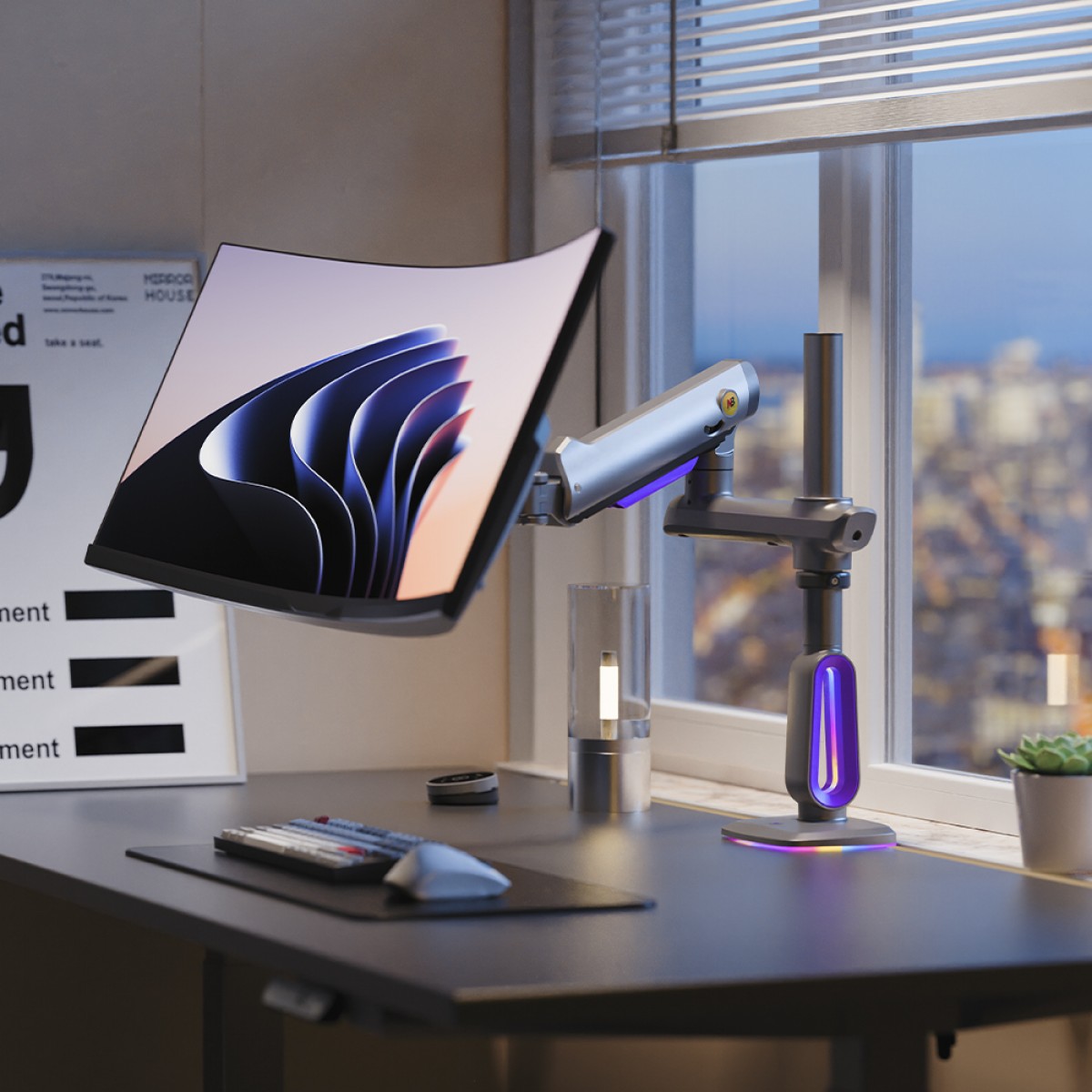 Suporte de Mesa North Bayou G80, RGB, Articulado, Para Monitores 32 Até 60 Pol, Preto e Azul