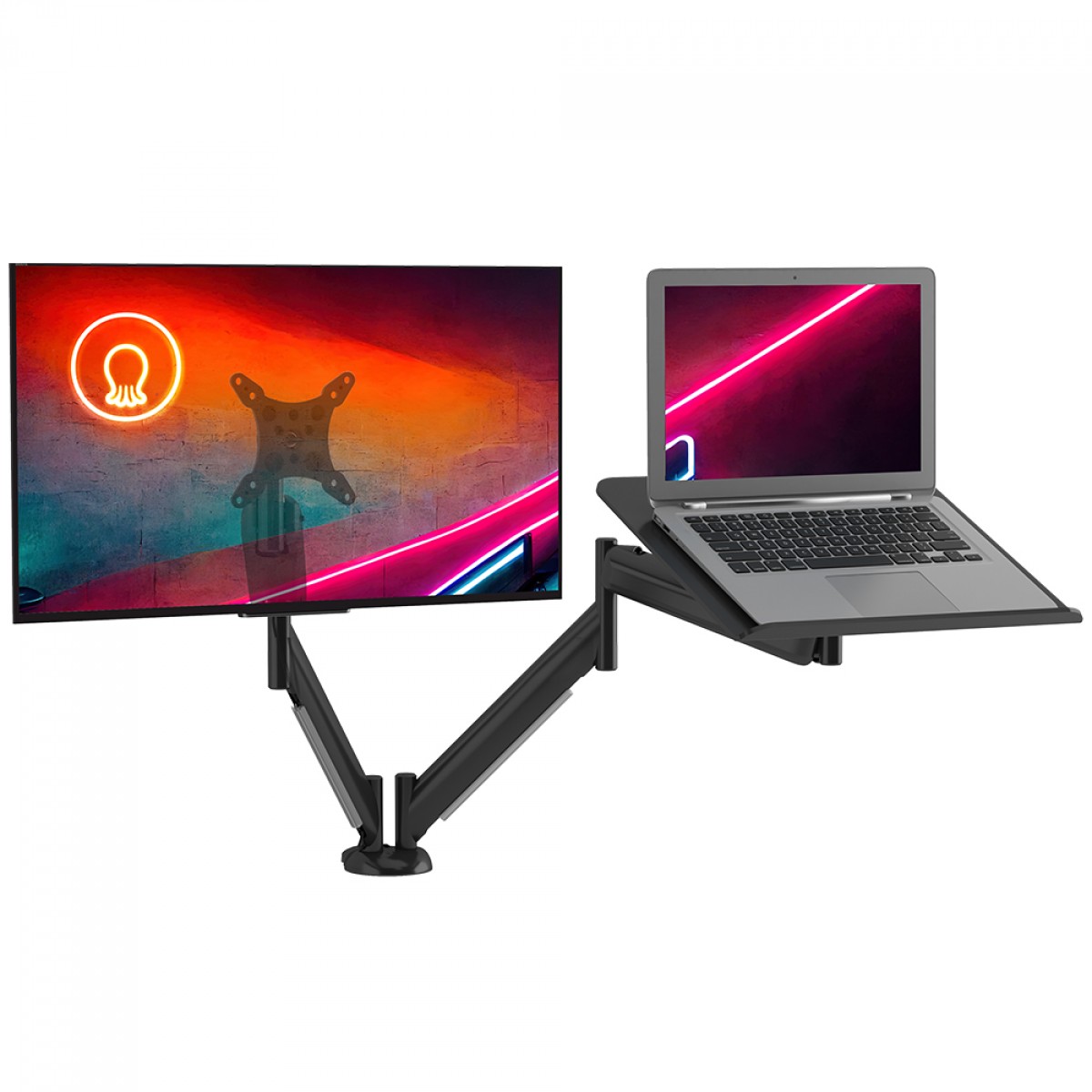 Suporte de Mesa Octoo Clipway-N1 Titanium, Articulado, Para Monitor Até 26 Pol e Notebook Até 16 Pol