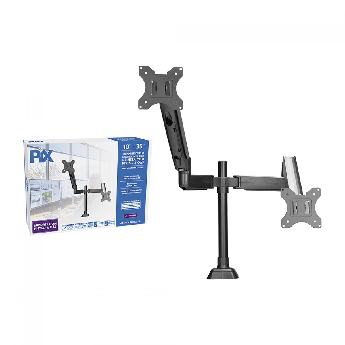 Suporte de Mesa Pix, Articulado, Com Pistão, Para 2 Monitores de 10 Até 35 Pol, Preto, PX-F180M
