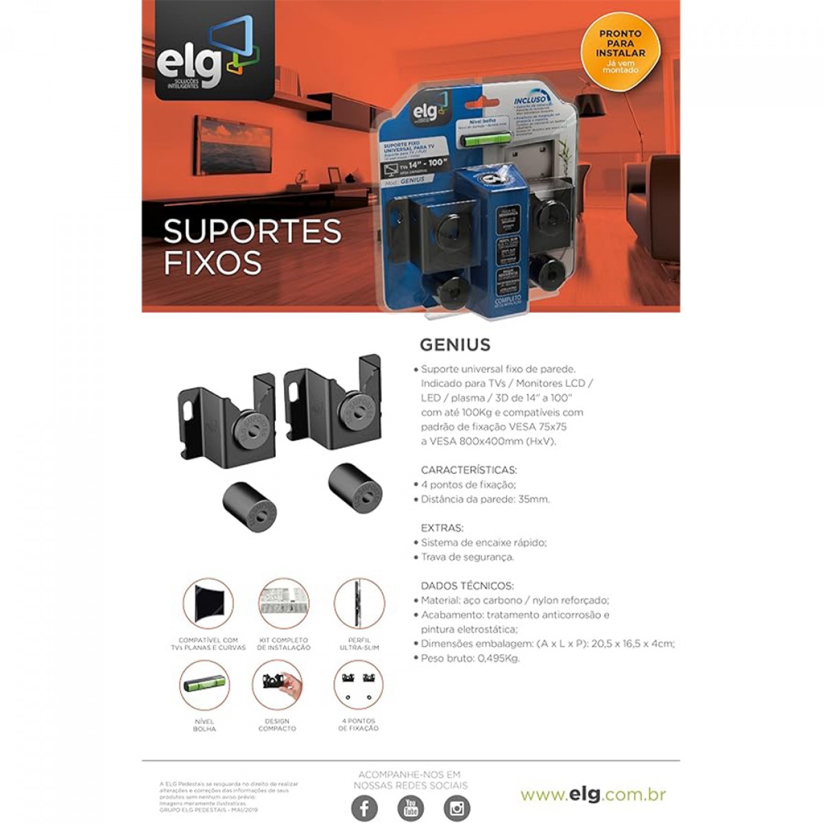 Suporte de Parede Universal ELG Genius, Fixo, Para TV de 14 à 84 Pol, Preto