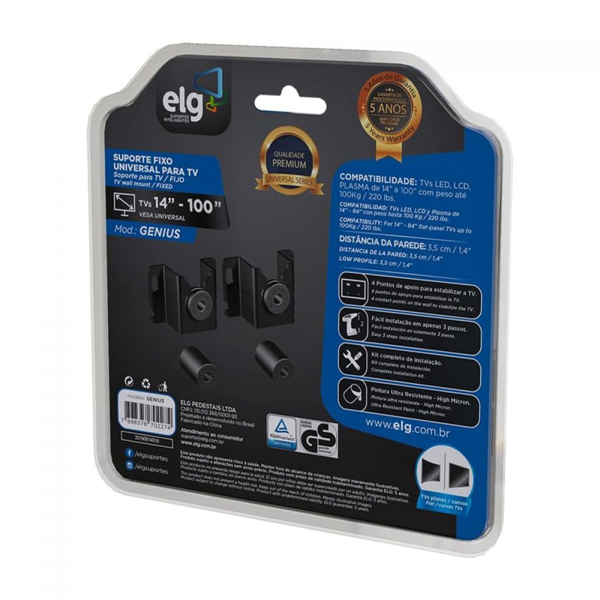 Suporte de Parede Universal ELG Genius, Fixo, Para TV de 14 à 84 Pol, Preto