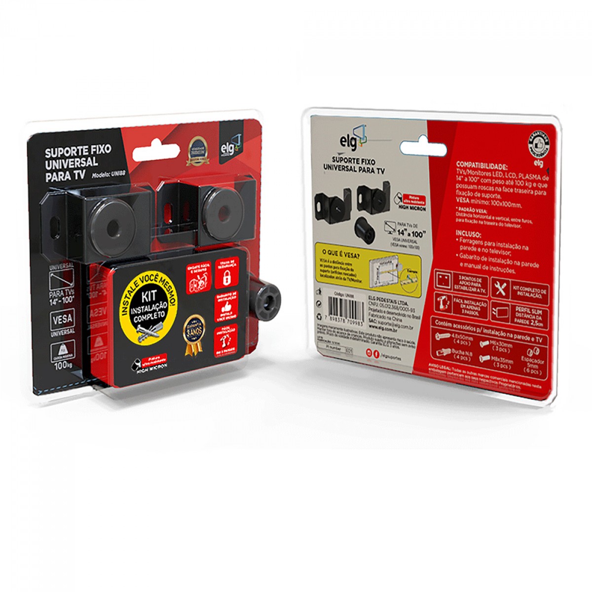 Suporte de Parede Universal ELG UNI88, Fixo, Para TV de 14 à 100 Pol, Preto