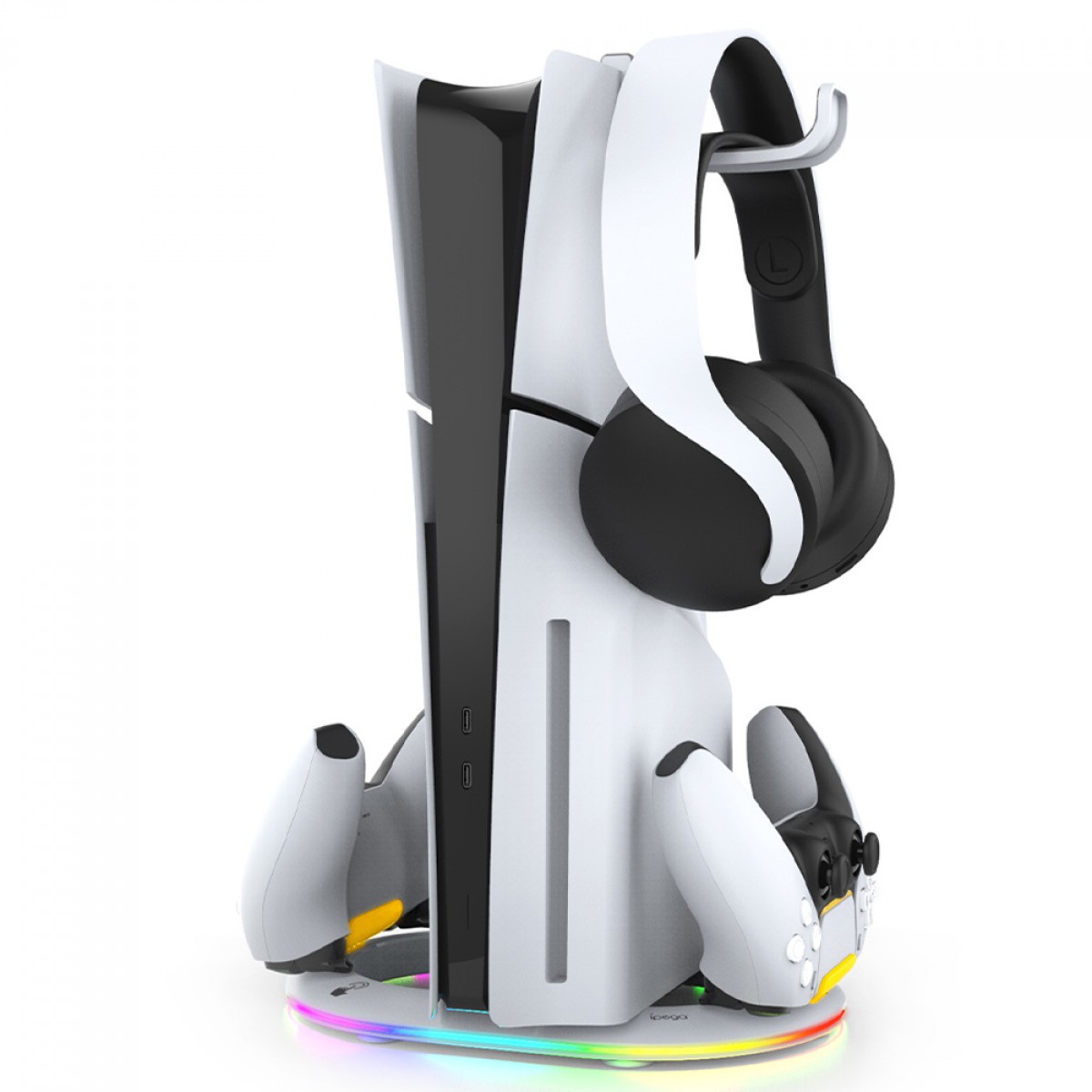 Suporte Vertical Ipega Para PS5 Slim, RGB, Com Dock De Carregamento Para Controle Dualsense e Suporte De Headset, Branco, PG-P5S045