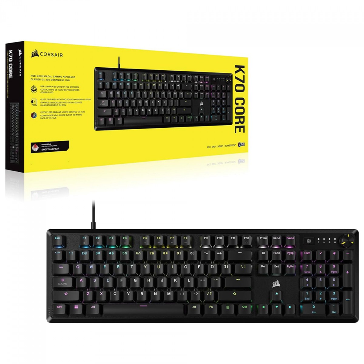 Teclado Gamer Mecânico Corsair K70 Core, RGB, Switch MLX Red, Full Size, ANSI, Preto, CH-910971E-NA
