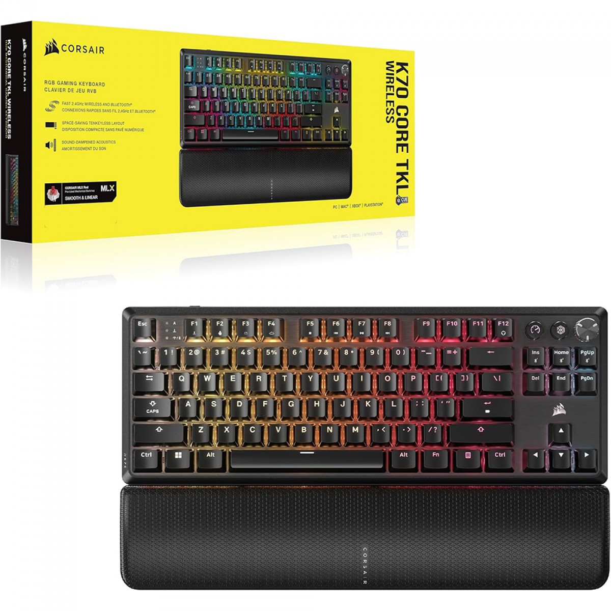 Teclado Gamer Mecânico Corsair K70 Core TKL, RGB, Wireless, Switch MLX Red, ANSI, Preto, CH-914901E-NA