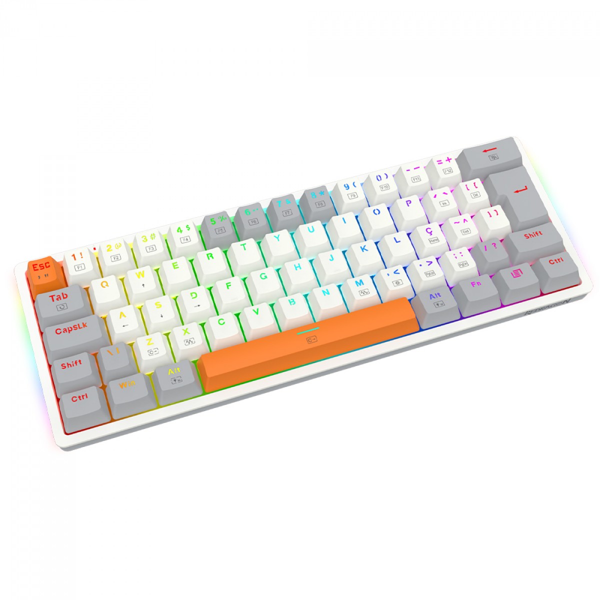 Teclado Gamer Mecânico Redragon Akali, RGB, USB, Switch Brown, ABNT2, 60%, Branco, Cinza e Laranja, K642WGO-RGB (PT-BROWN)