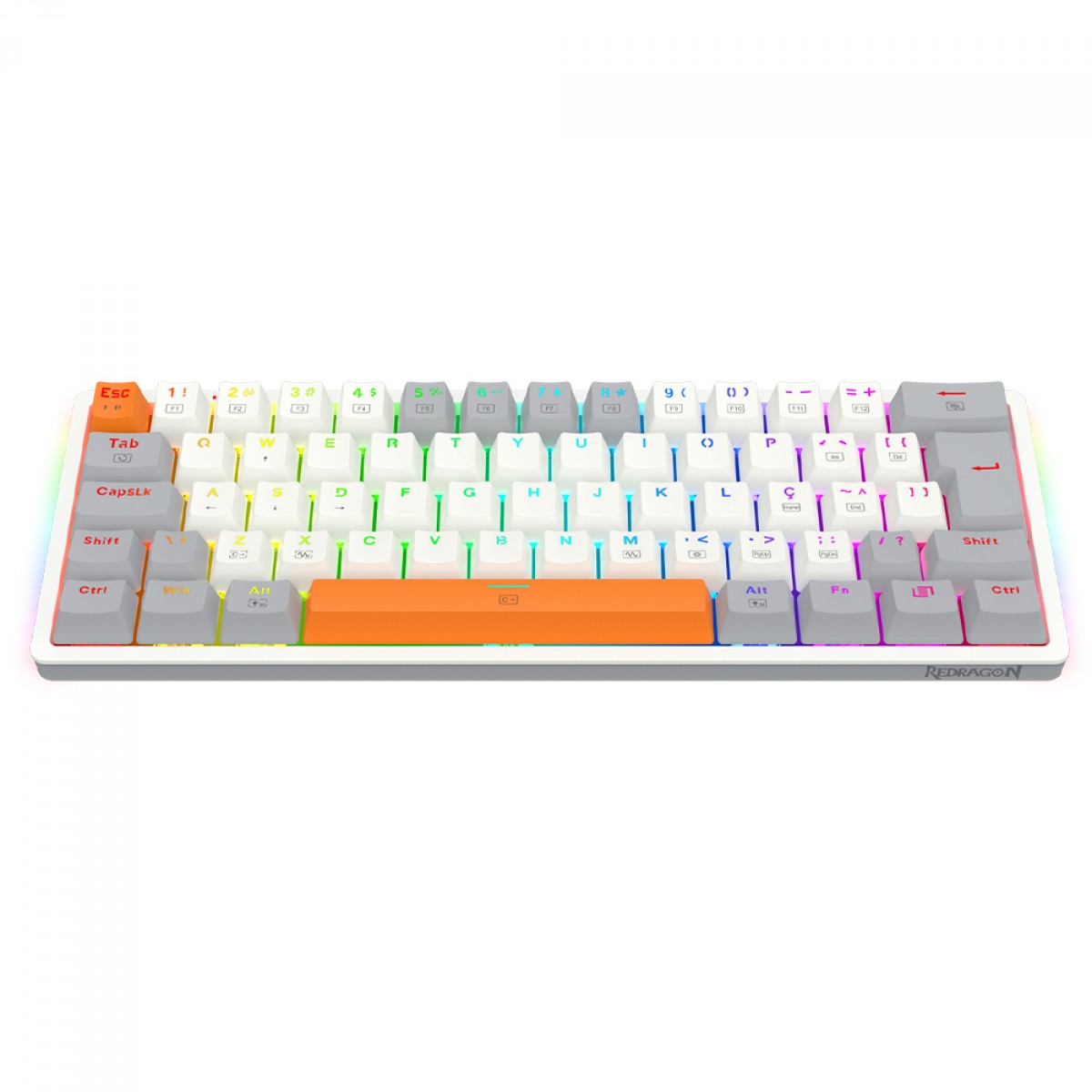 Teclado Gamer Mecânico Redragon Akali, RGB, USB, Switch Brown, ABNT2, 60%, Branco, Cinza e Laranja, K642WGO-RGB (PT-BROWN)