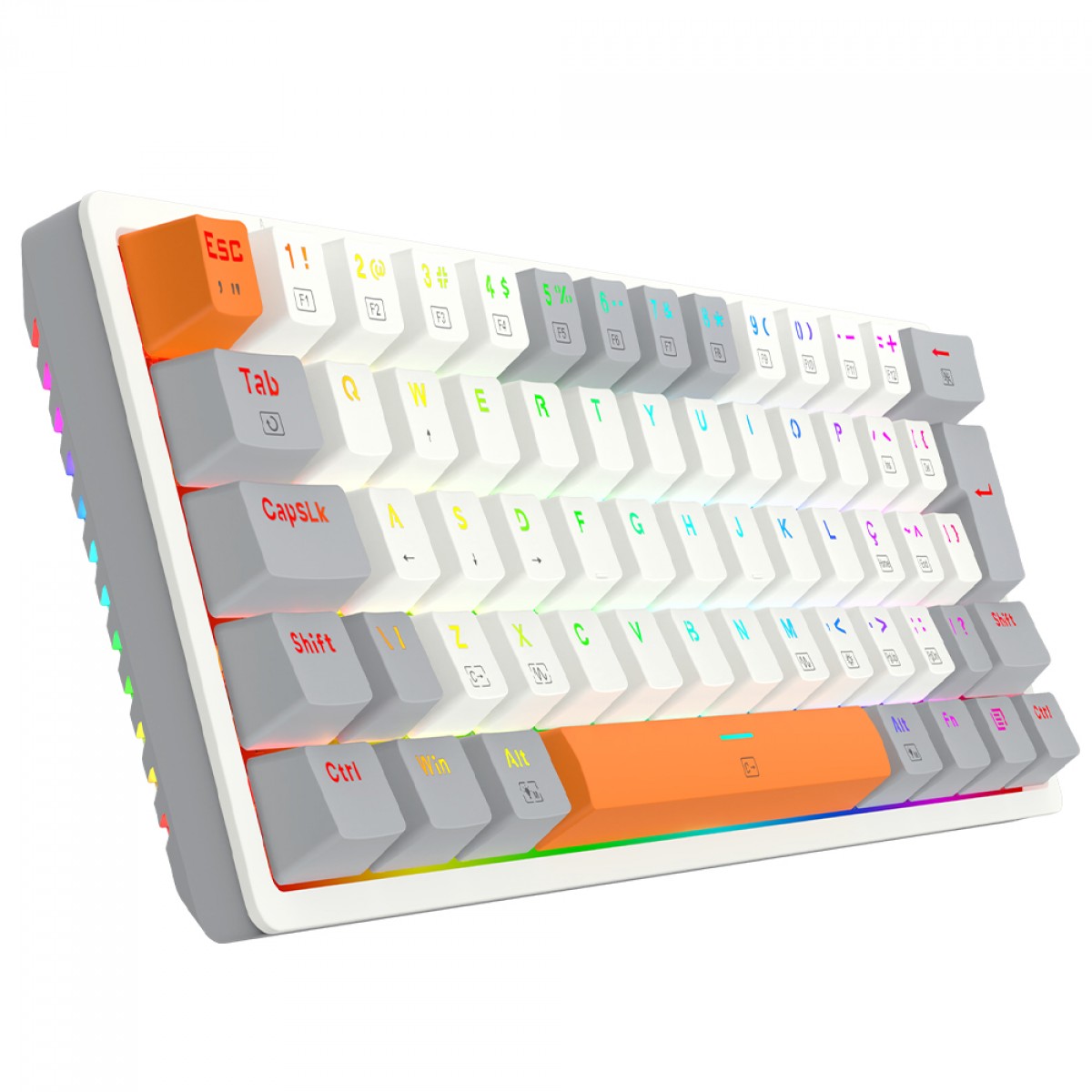 Teclado Gamer Mecânico Redragon Akali, RGB, USB, Switch Brown, ABNT2, 60%, Branco, Cinza e Laranja, K642WGO-RGB (PT-BROWN)