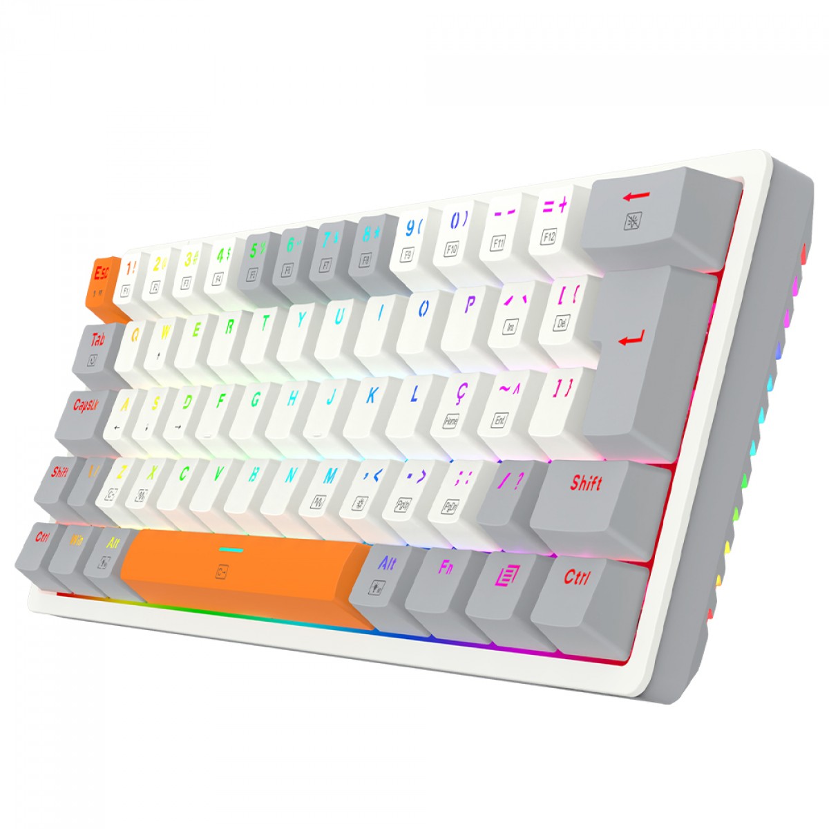Teclado Gamer Mecânico Redragon Akali, RGB, USB, Switch Brown, ABNT2, 60%, Branco, Cinza e Laranja, K642WGO-RGB (PT-BROWN)