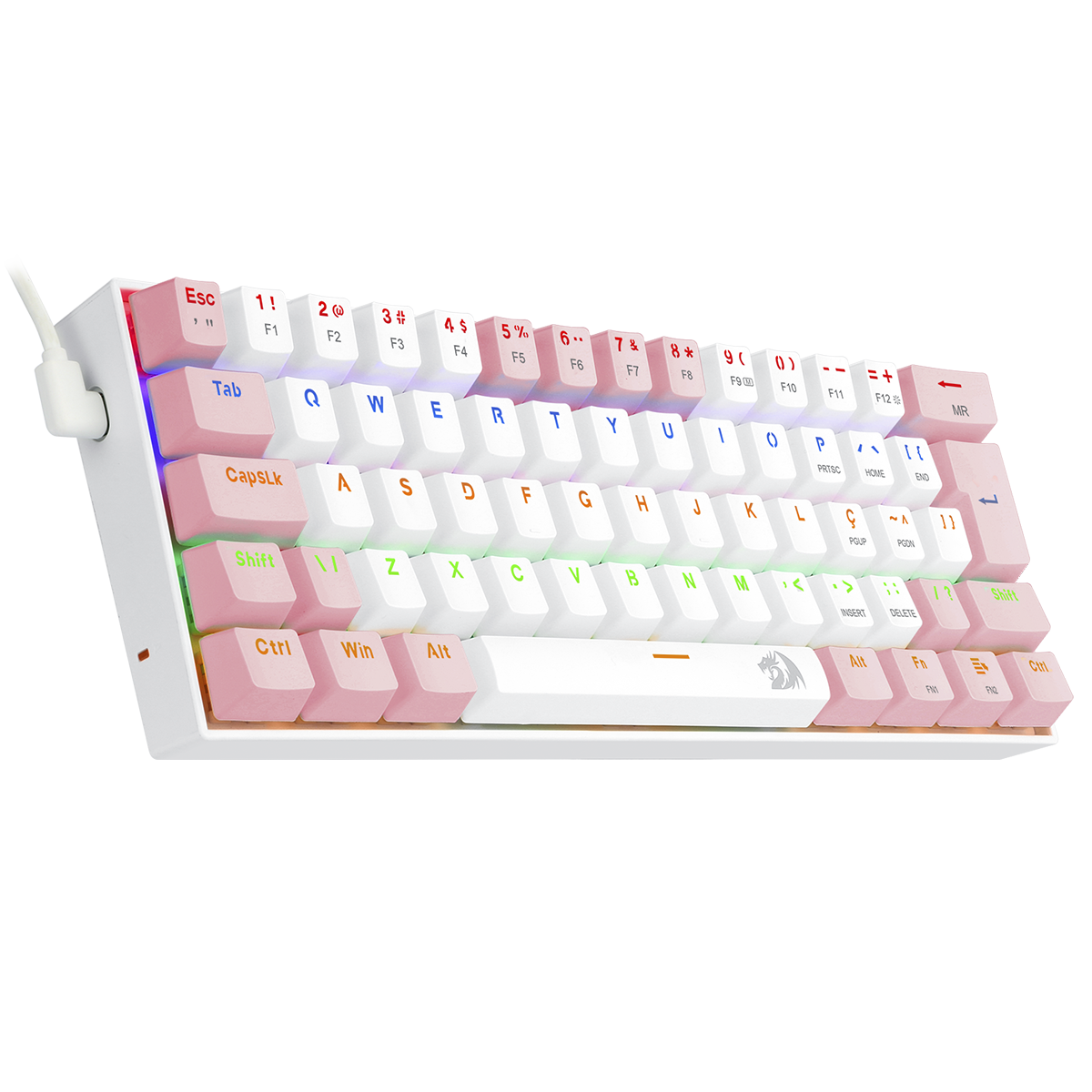 Teclado Gamer Mecânico Redragon Lakshmi Lunar White e Pink, Rainbow, Switch Blue, ABNT2, K606WP-R