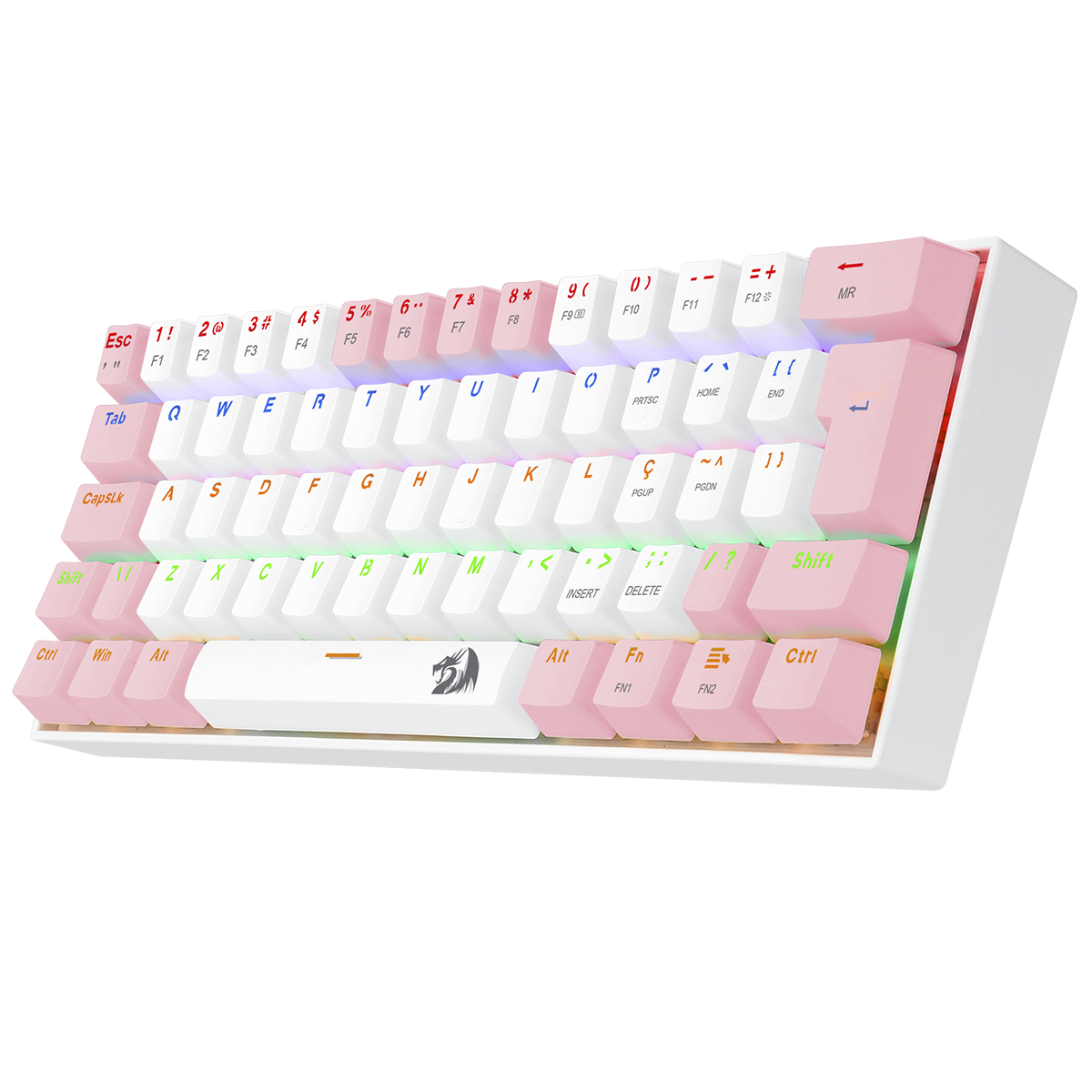 Teclado Gamer Mecânico Redragon Lakshmi Lunar White e Pink, Rainbow, Switch Blue, ABNT2, K606WP-R