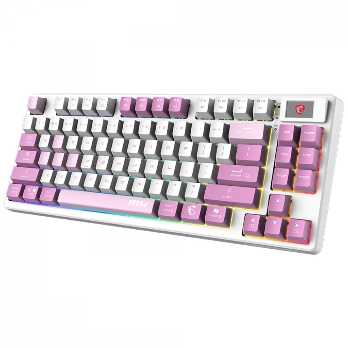 Teclado Mecânico Gamer MSI Forge GK600 Violet, RGB, Wireless/Bluetooth, ANSI, TKL, Switch Linear, Branco e Rosa