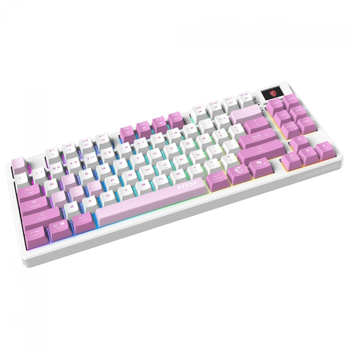 Teclado Mecânico Gamer MSI Forge GK600 Violet, RGB, Wireless/Bluetooth, ANSI, TKL, Switch Linear, Branco e Rosa