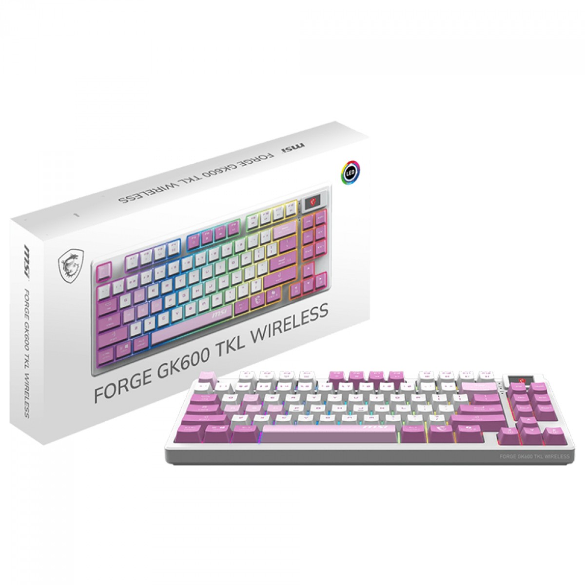Teclado Mecânico Gamer MSI Forge GK600 Violet, RGB, Wireless/Bluetooth, ANSI, TKL, Switch Linear, Branco e Rosa