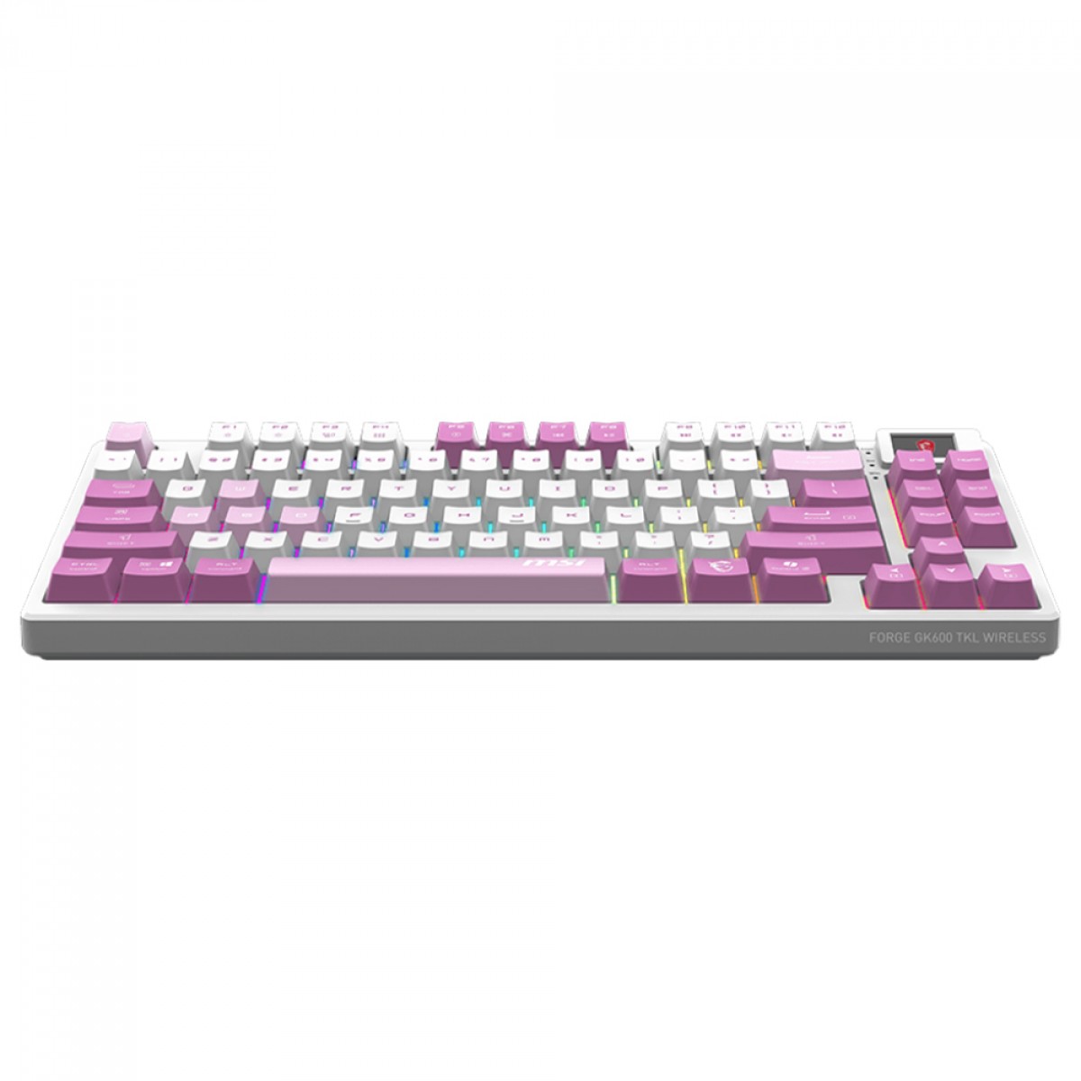 Teclado Mecânico Gamer MSI Forge GK600 Violet, RGB, Wireless/Bluetooth, ANSI, TKL, Switch Linear, Branco e Rosa
