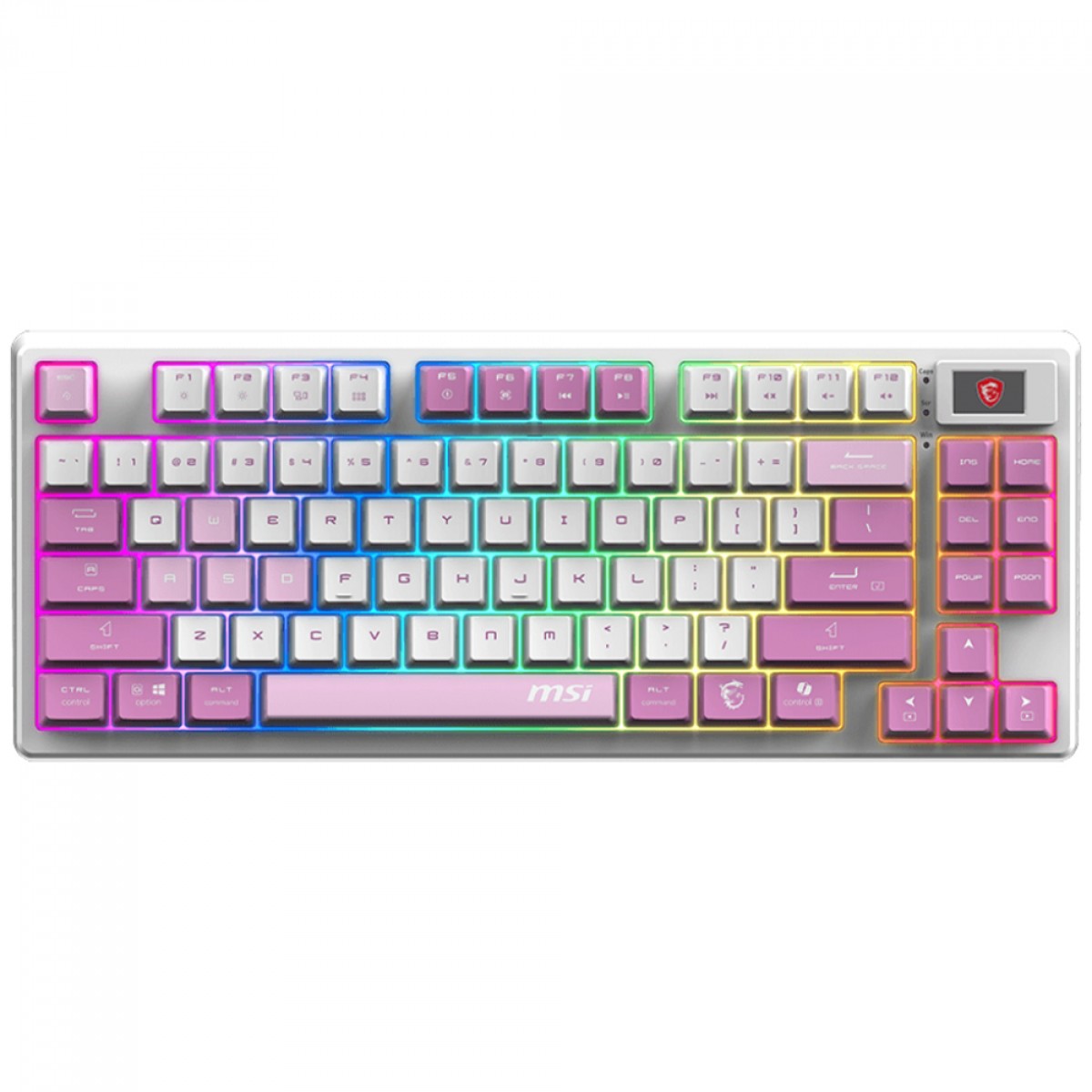 Teclado Mecânico Gamer MSI Forge GK600 Violet, RGB, Wireless/Bluetooth, ANSI, TKL, Switch Linear, Branco e Rosa