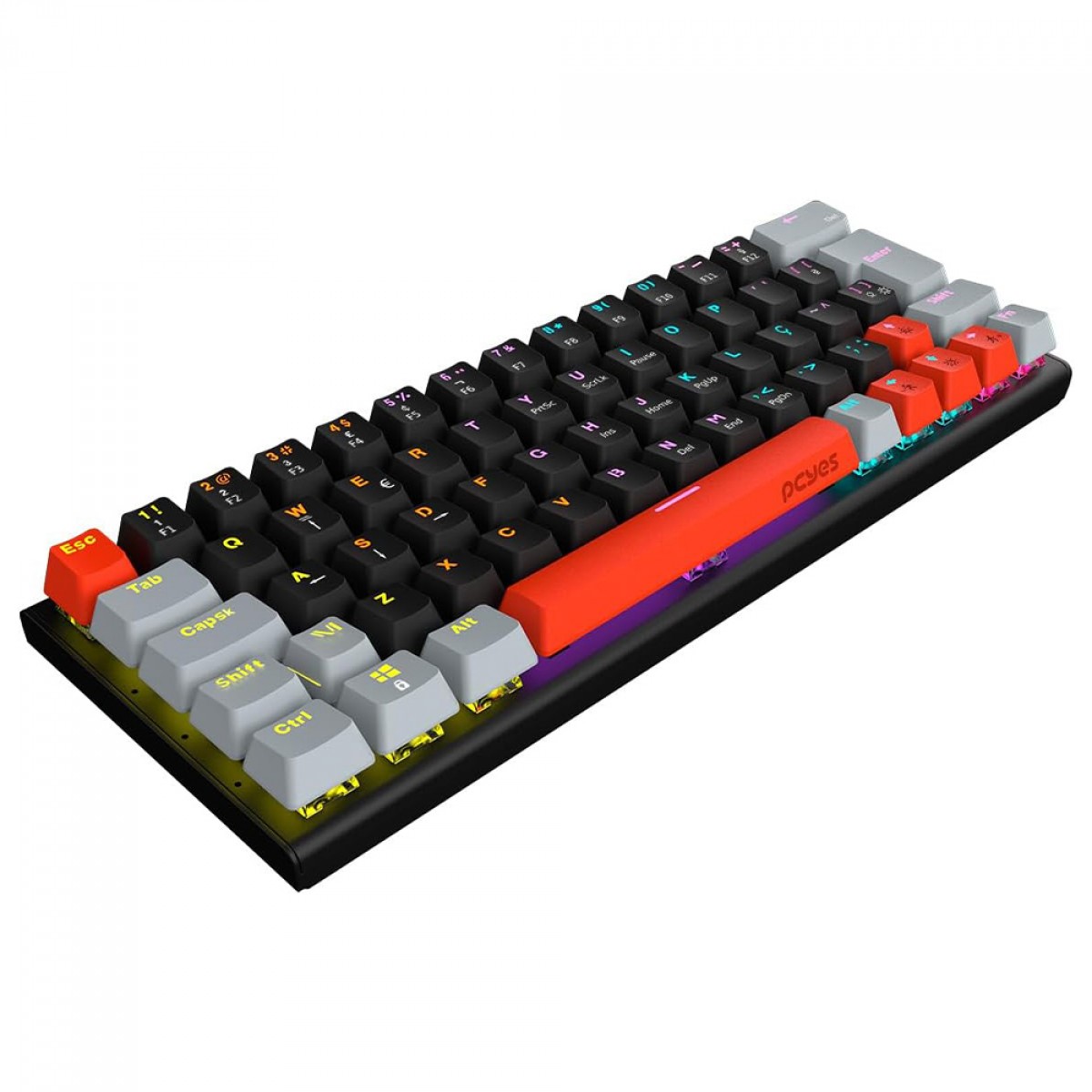 Teclado Mecânico Gamer PCYes Kuromori Black Vulcan, Rainbow, Switch Outemu Red, 60%, ABNT2, Preto, Cinza e Vermelho, PTKM60RD