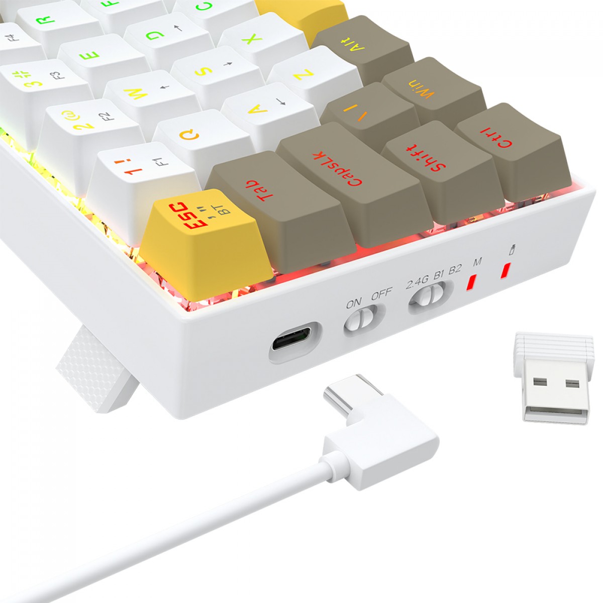 Teclado Mecânico Gamer Redragon Draconic PRO, RGB, Wireless/Bluetooth, 60%, Switch Brown, ABNT2, Branco, Amarelo e Cinza, K530-YL WT GY