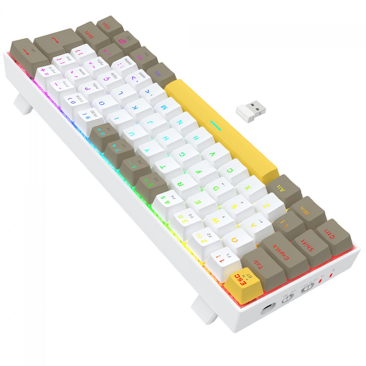 Teclado Mecânico Gamer Redragon Draconic PRO, RGB, Wireless/Bluetooth, 60%, Switch Brown, ABNT2, Branco, Amarelo e Cinza, K530-YL WT GY