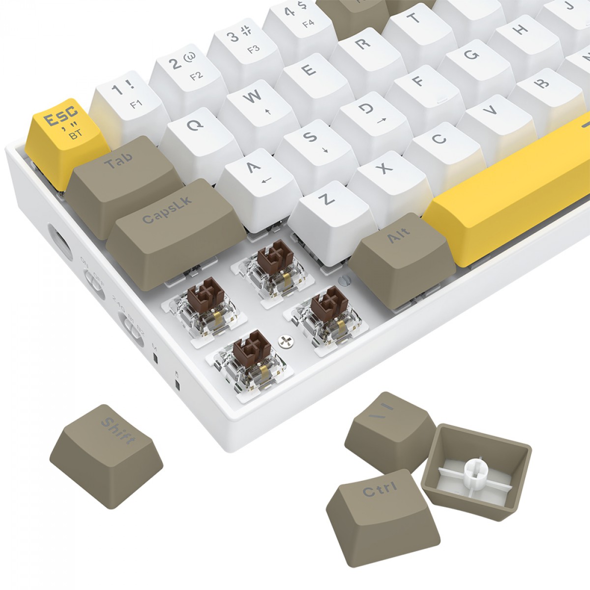 Teclado Mecânico Gamer Redragon Draconic PRO, RGB, Wireless/Bluetooth, 60%, Switch Brown, ABNT2, Branco, Amarelo e Cinza, K530-YL WT GY