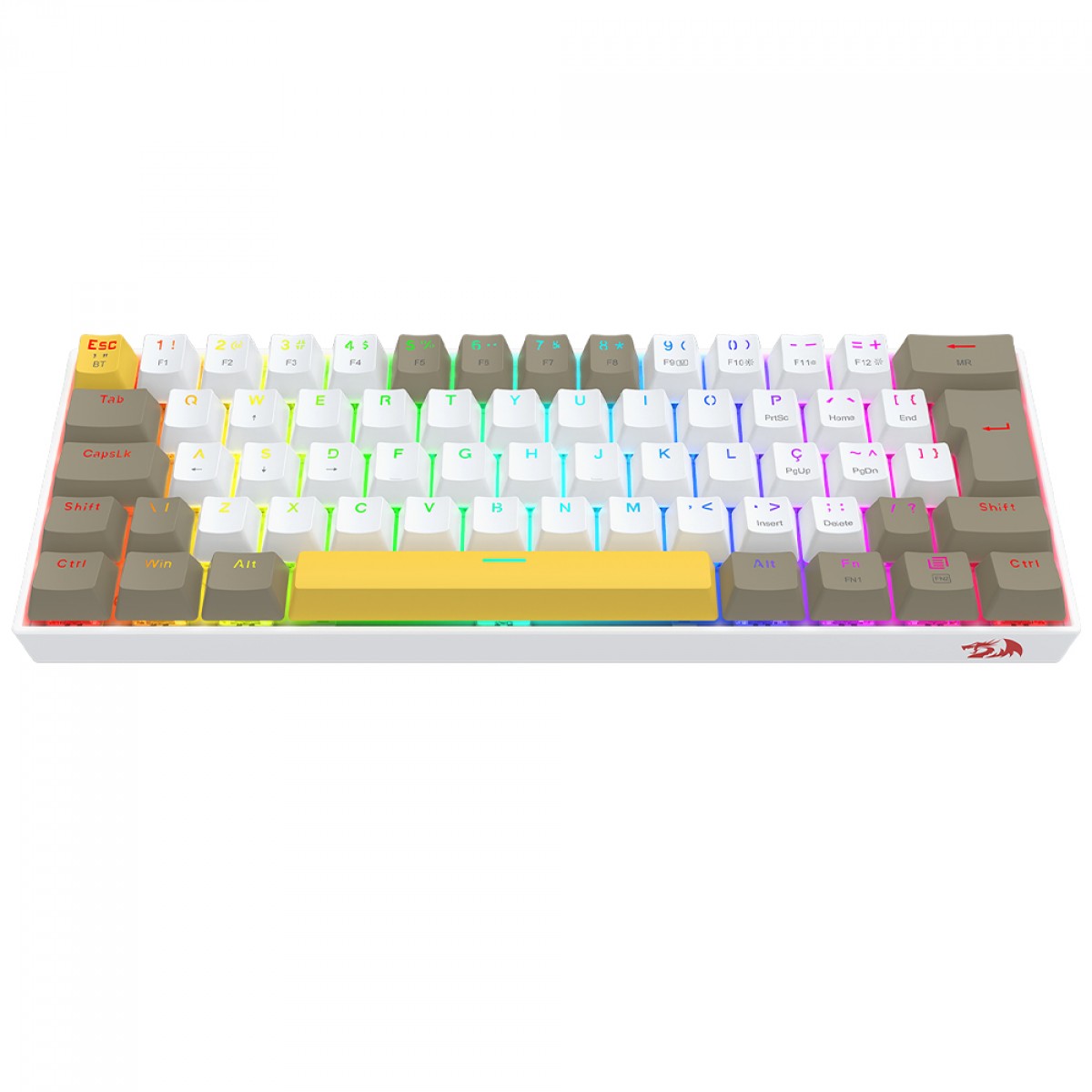 Teclado Mecânico Gamer Redragon Draconic PRO, RGB, Wireless/Bluetooth, 60%, Switch Brown, ABNT2, Branco, Amarelo e Cinza, K530-YL WT GY
