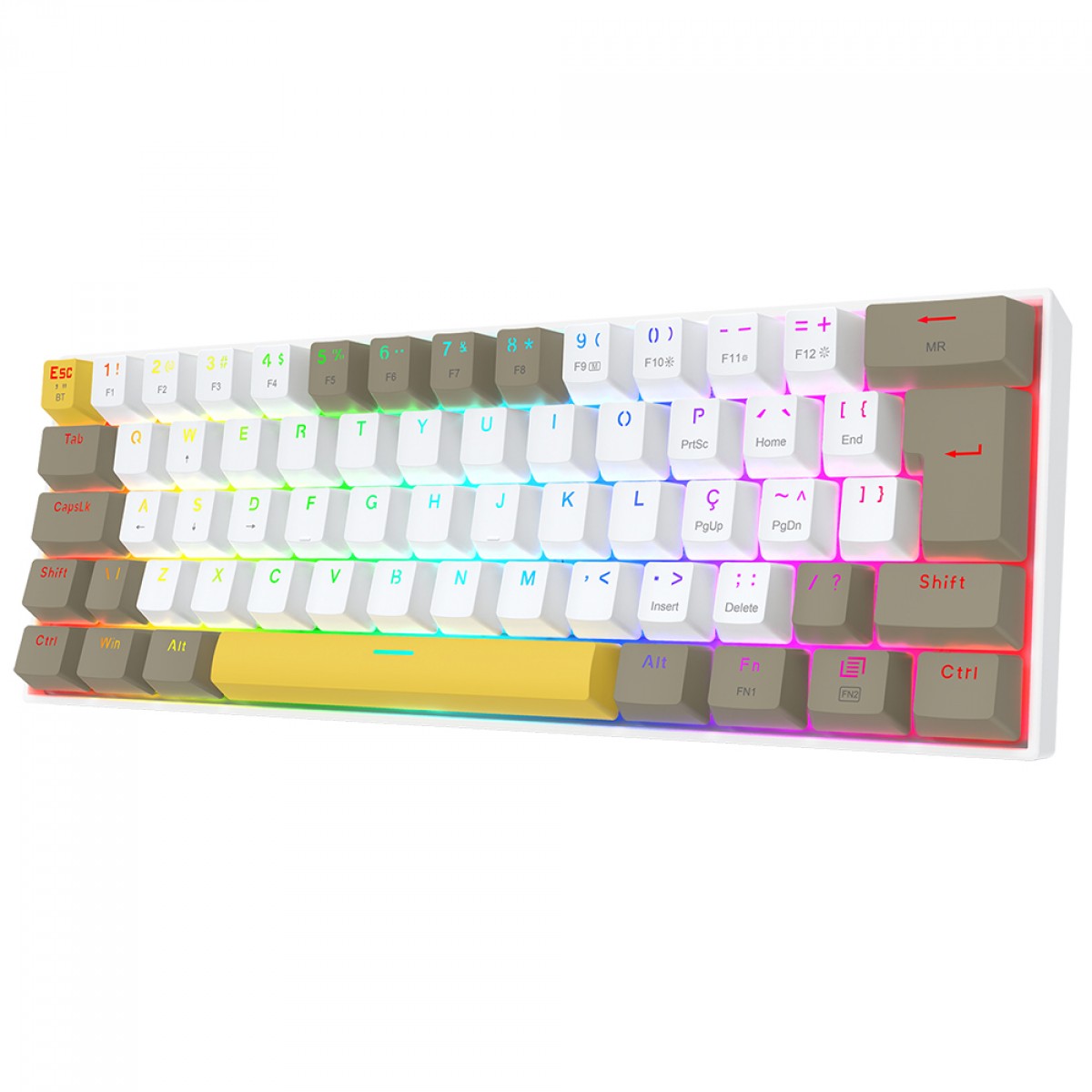 Teclado Mecânico Gamer Redragon Draconic PRO, RGB, Wireless/Bluetooth, 60%, Switch Brown, ABNT2, Branco, Amarelo e Cinza, K530-YL WT GY