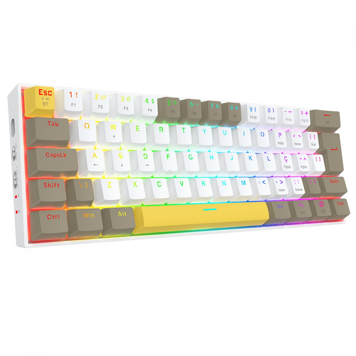 Teclado Mecânico Gamer Redragon Draconic PRO, RGB, Wireless/Bluetooth, 60%, Switch Brown, ABNT2, Branco, Amarelo e Cinza, K530-YL WT GY