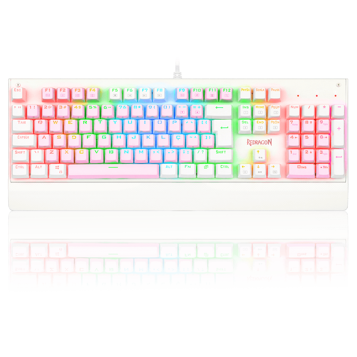 Teclado Mecânico Gamer Redragon Kala RGB, Pink e Branco, Switch Blue, ABNT2, Full-Size, K557PW-RGB