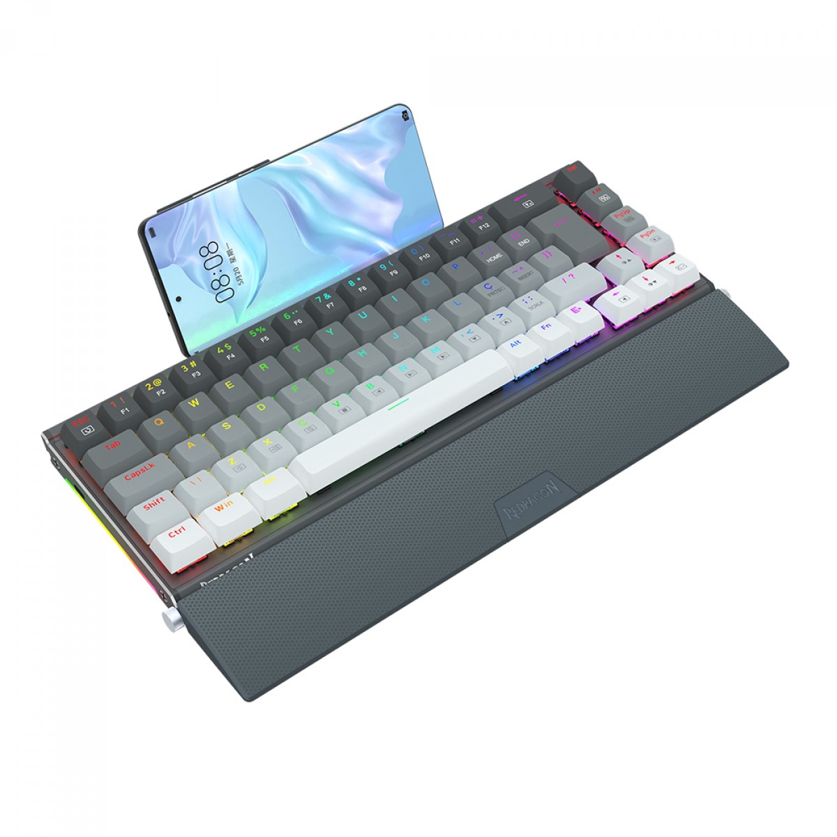 Teclado Mecânico Gamer Redragon Shaco RGB, Switch Brown Removíveis, ABNT2, Black/Gray, Com Suporte Para Celular, K641G-GW-RGB (PT-BROWN)