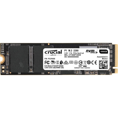 SSD Crucial P1, 1TB, M.2 2280, NVMe, Leitura 2.000MBs Gravação 1750MBs, CT1000P1SSD8