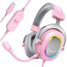 Headset Gamer Fifine H6P, 7.1 Surround, Drivers de 50mm, RGB, USB, Pink