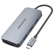 Hub Adaptador Hikvision 8 em 1, USB-C Para USB 3.0+HDMI+VGA+TF/SD+Tipo-C, Cinza, HS-HUB-DS801