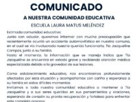 En el mensaje firmado por la directora Tamara Sazo Parra, la escuela expresó su preocupación por lo ocurrido y envió apoyo a la familia de la trabajadora.