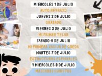 La programación municipal contempla actividades creativas para menores de 5 a 12 años, con talleres de autorretrato, grabado, telar, greda, estructuras espaciales y máscaras cubistas.