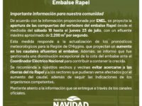 La medida responde a los pronósticos meteorológicos para la Región de O’Higgins, que anticipan un aumento en los caudales que ingresan al embalse.