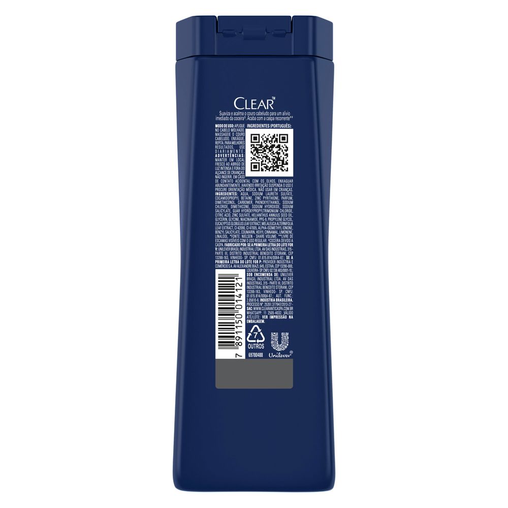 Verso do frasco com informações de uso e ingredientes do Shampoo Clear Men 400ml