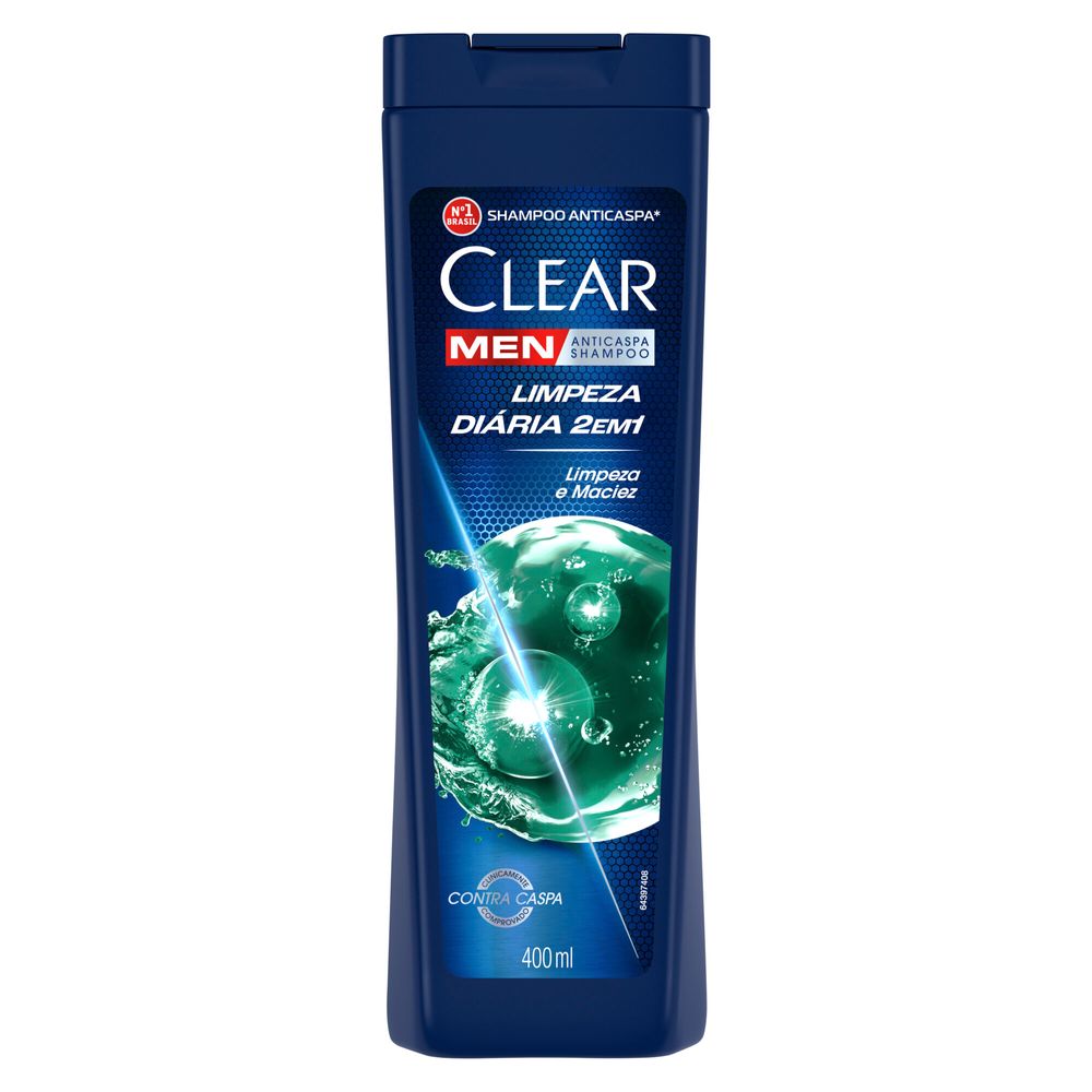 Frasco do Shampoo Clear Men Anticaspa 400ml com destaque para limpeza diária