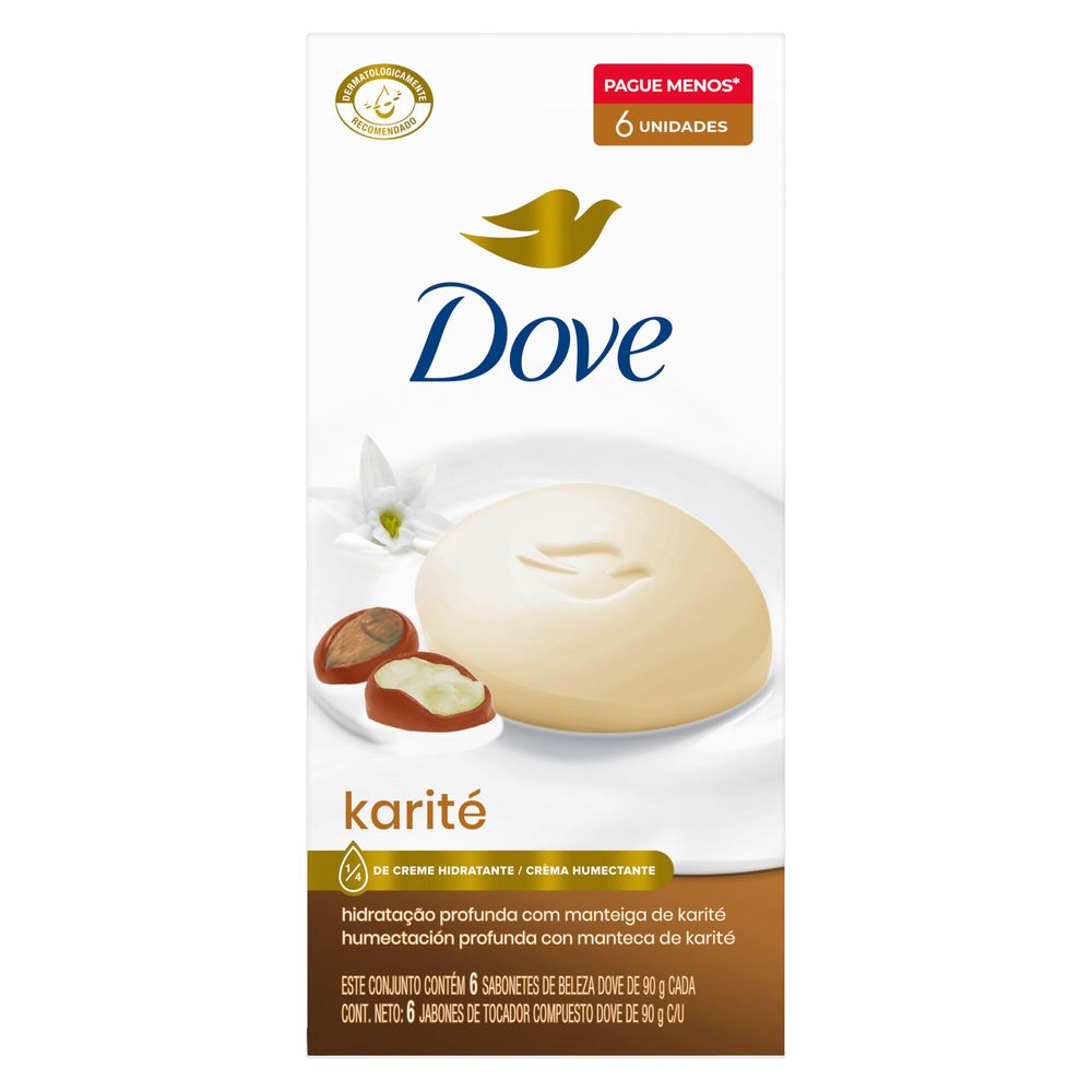Imagem da embalagem vertical do Kit Sabonete Dove Karité 6 unidades