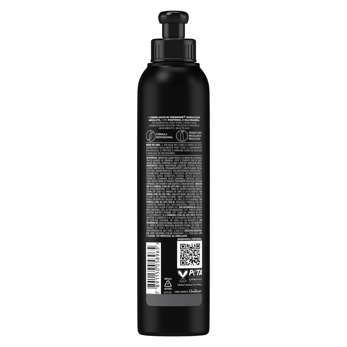 Parte traseira do frasco do Creme Leave-In TRESemmé mostrando modo de uso e composição