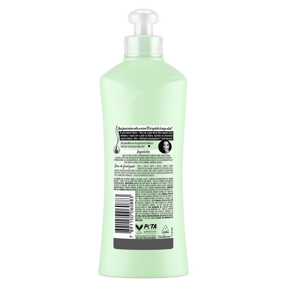 Verso do frasco com informações de ingredientes e selos do produto Seda By Rayza