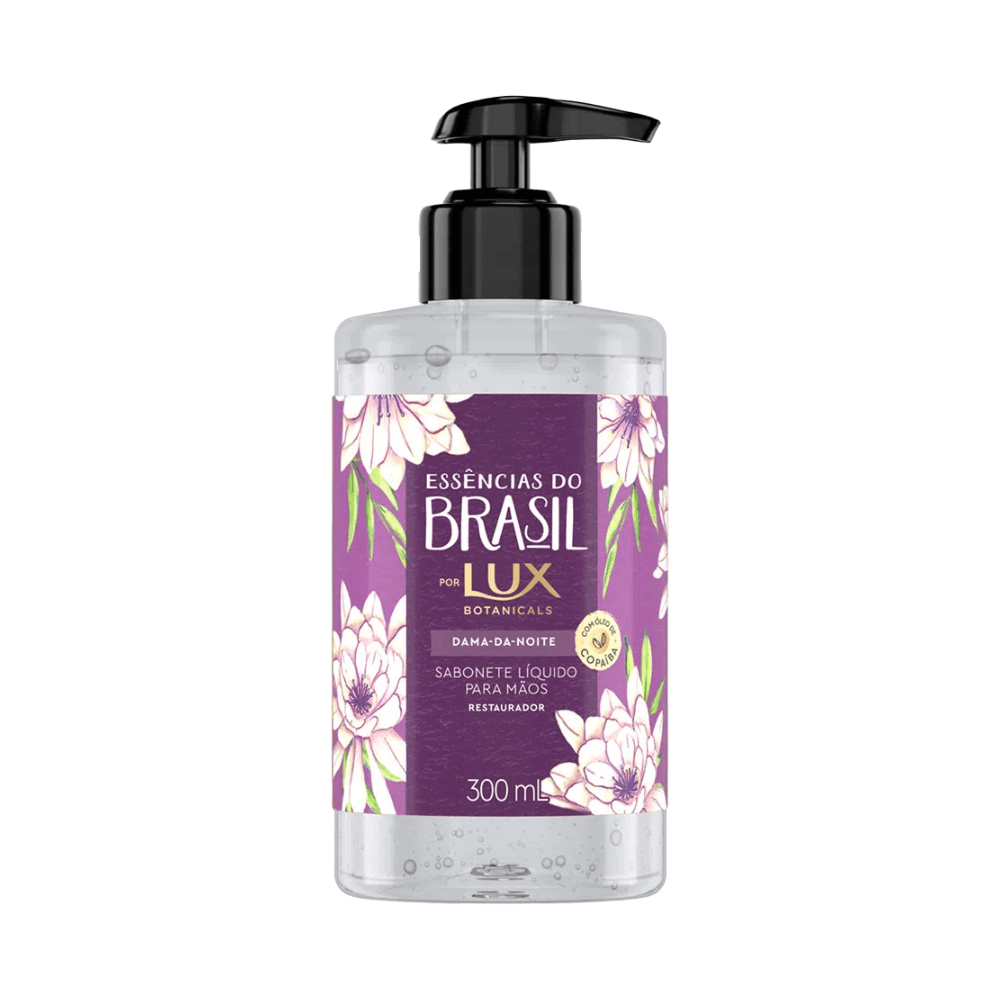 Sabonete Líquido Lux Essências do Brasil Dama da Noite 300ml vista frontal, líquido roxo com pump preto