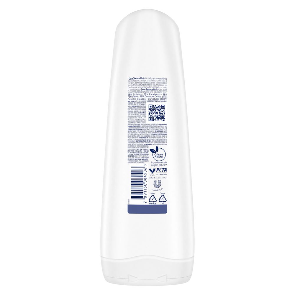 Detalhes da embalagem e ingredientes do Condicionador Dove Texturas Reais Crespos