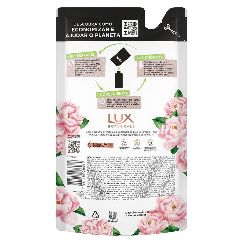 Verso do refil Lux Botanicals com informações de uso, composição e sustentabilidade