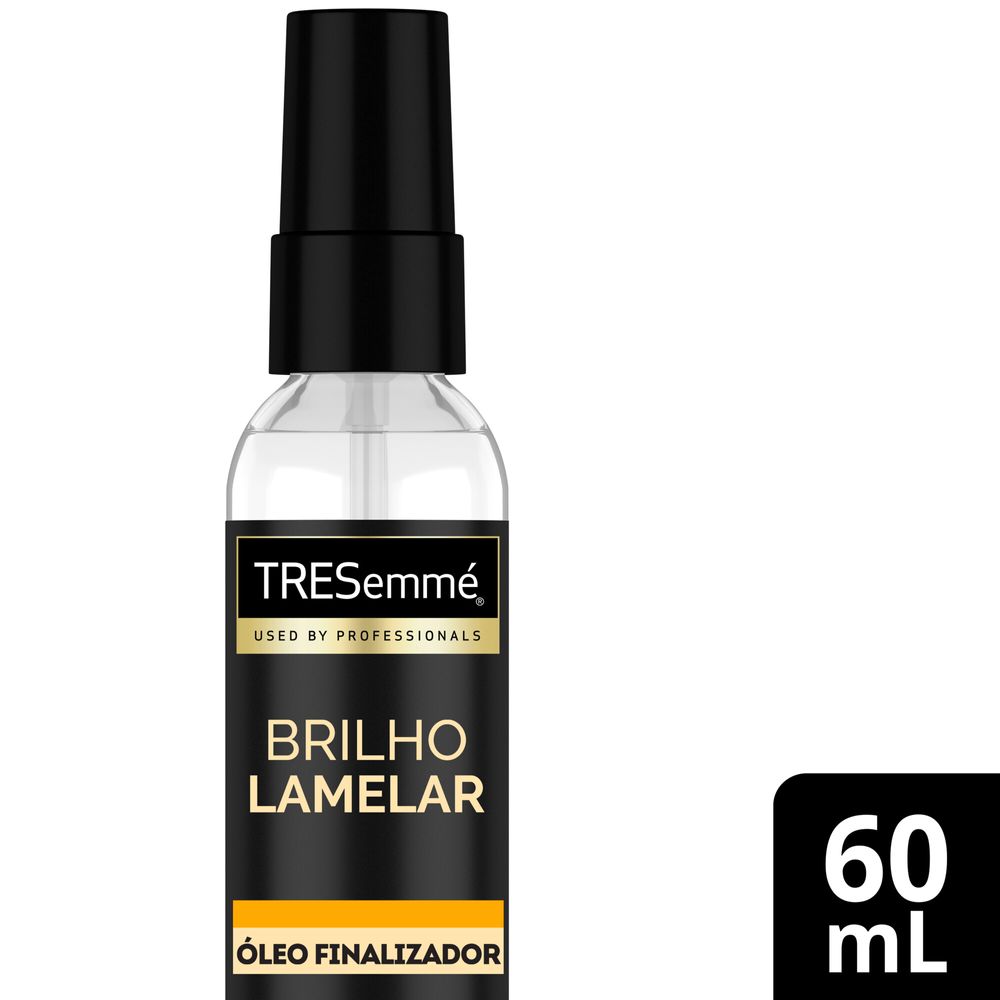 Frasco transparente do Óleo Capilar TRESemmé Brilho Lamelar 60 ml, rótulo preto e dourado, fundo branco