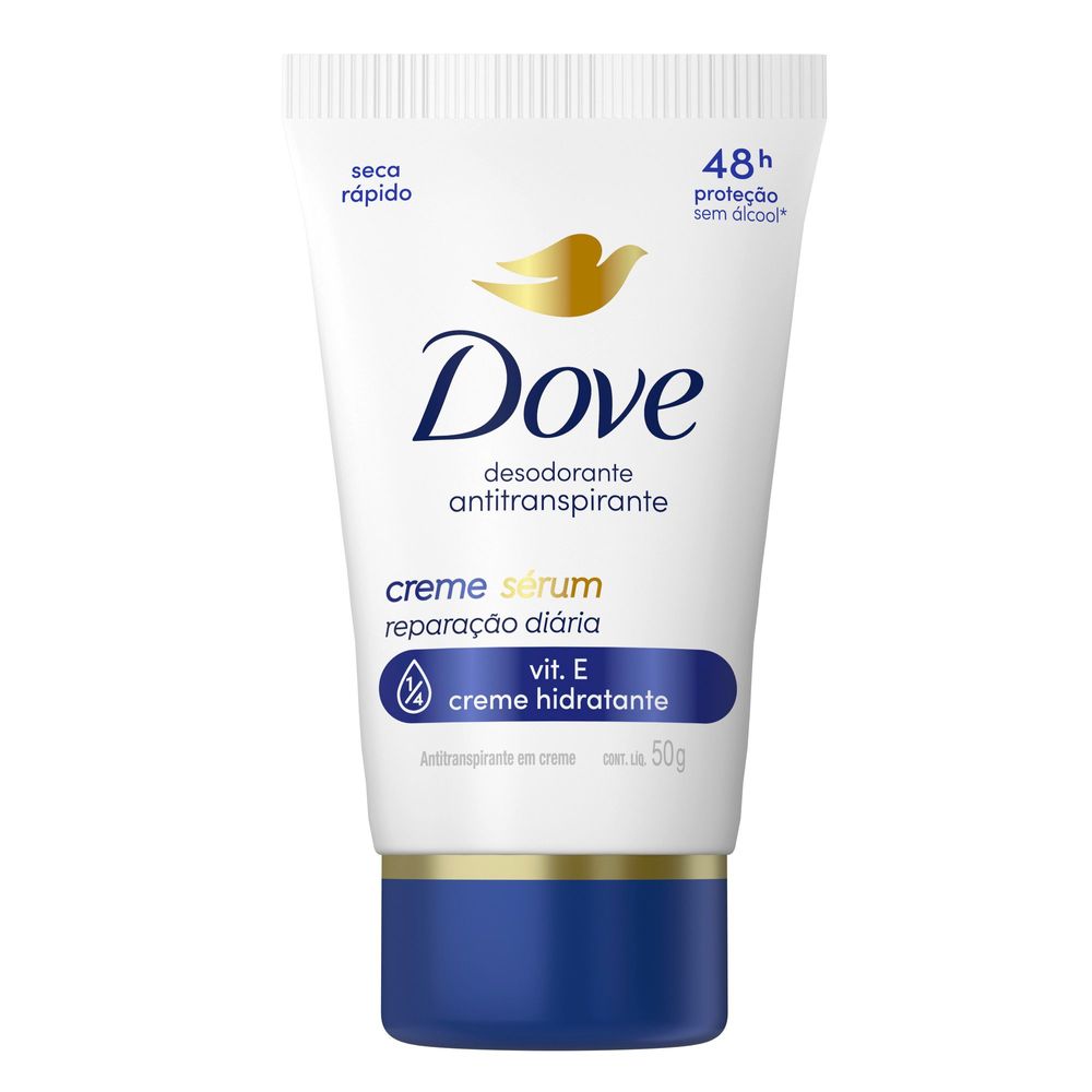 Detalhe do rótulo do Desodorante Dove mostrando 'seca rápido', '48h proteção' e 'sem álcool'