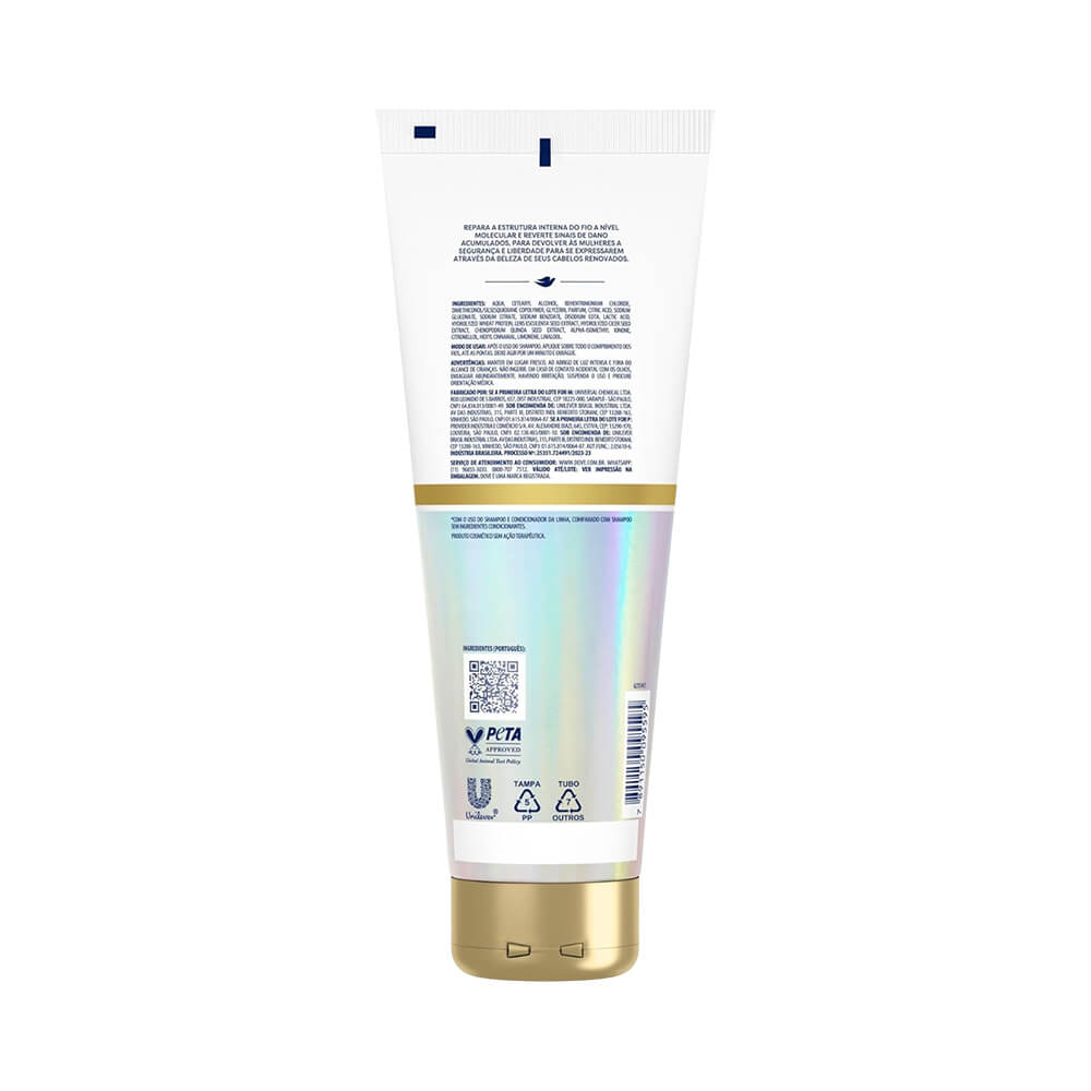 Verso do condicionador Dove Bond Intense Repair com informações de ingredientes e modo de uso