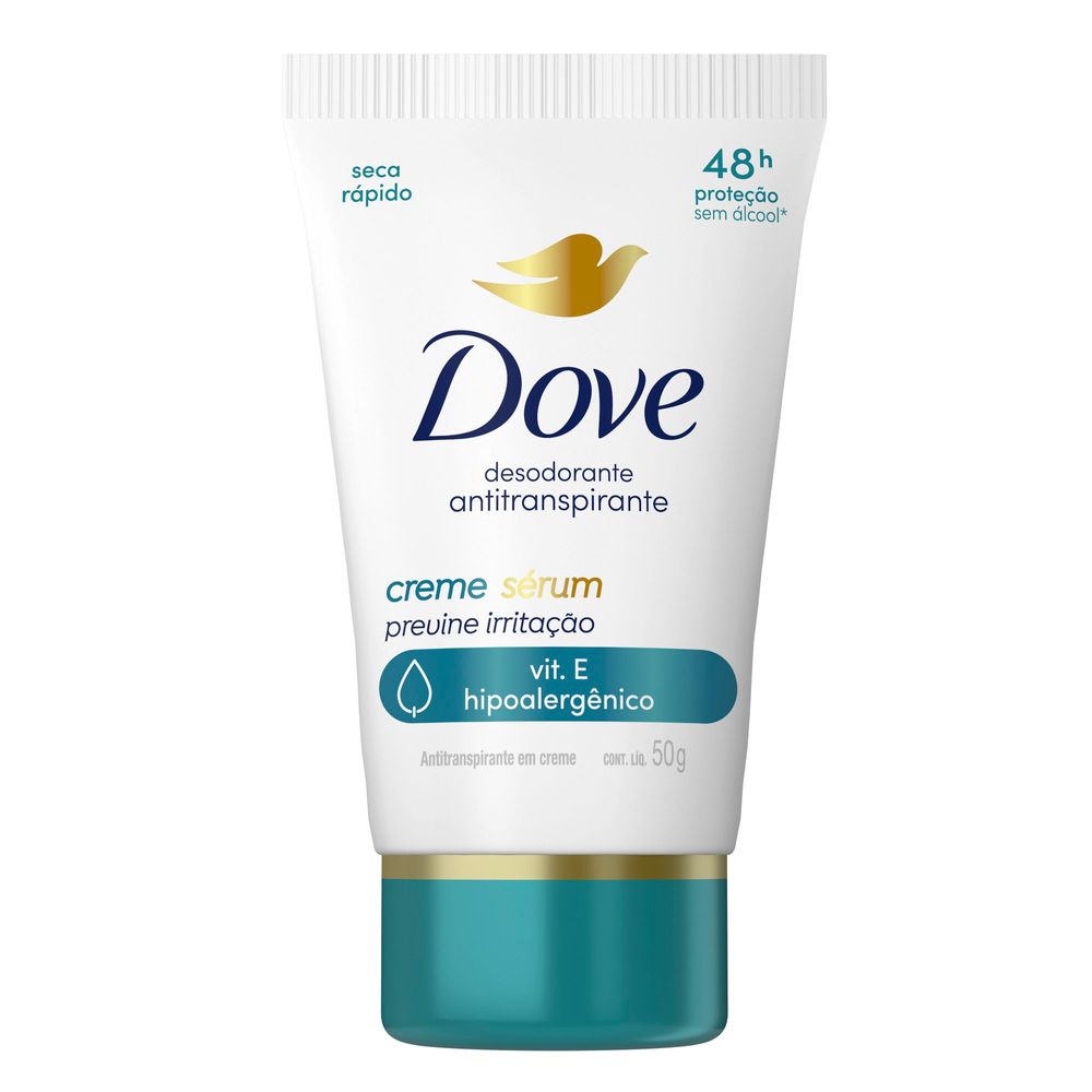 Detalhes do rótulo do Desodorante Dove Creme Sérum 50g mostrando benefícios e ícones