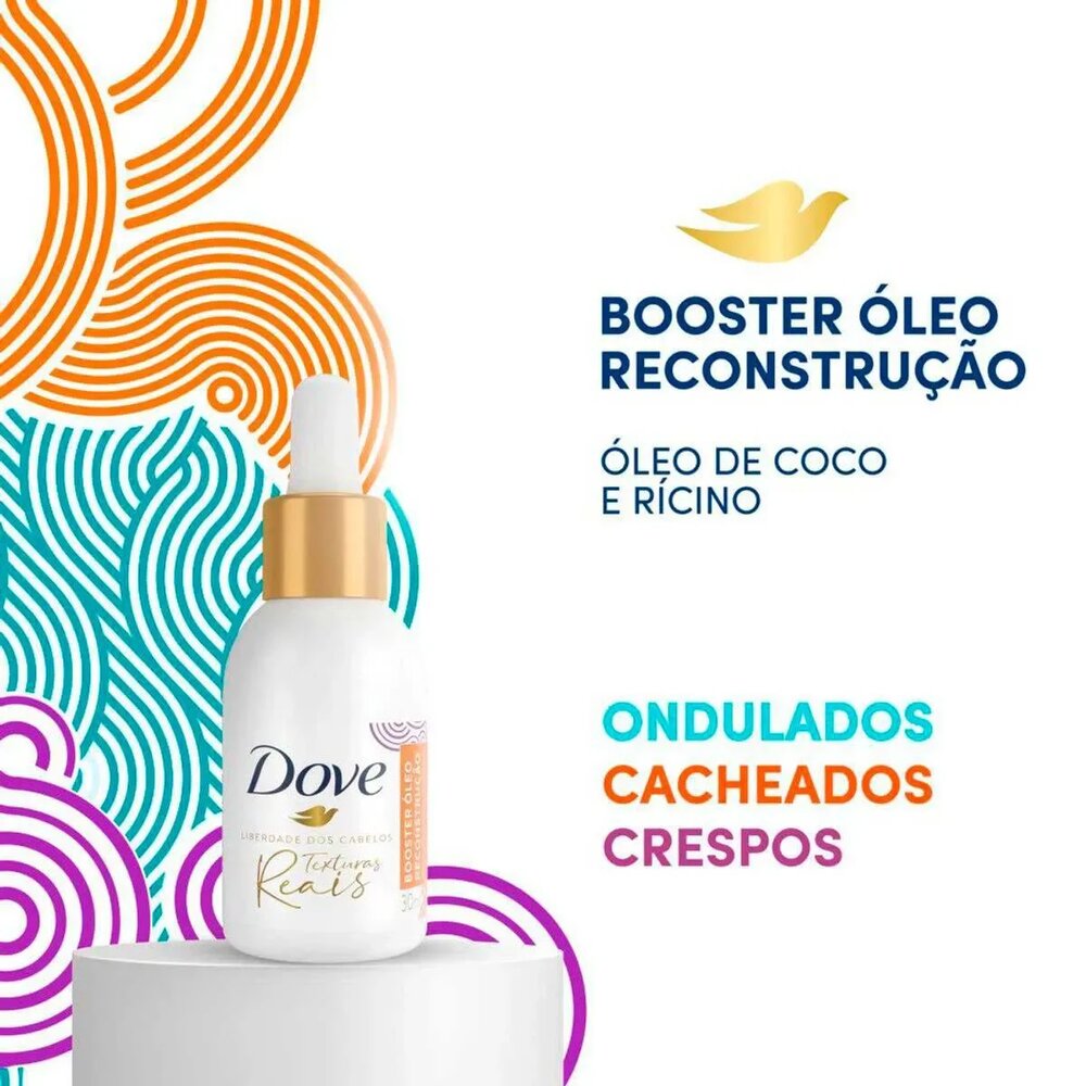 Imagem promocional do Óleo Dove Booster Reconstrução 30ml com elementos ilustrativos