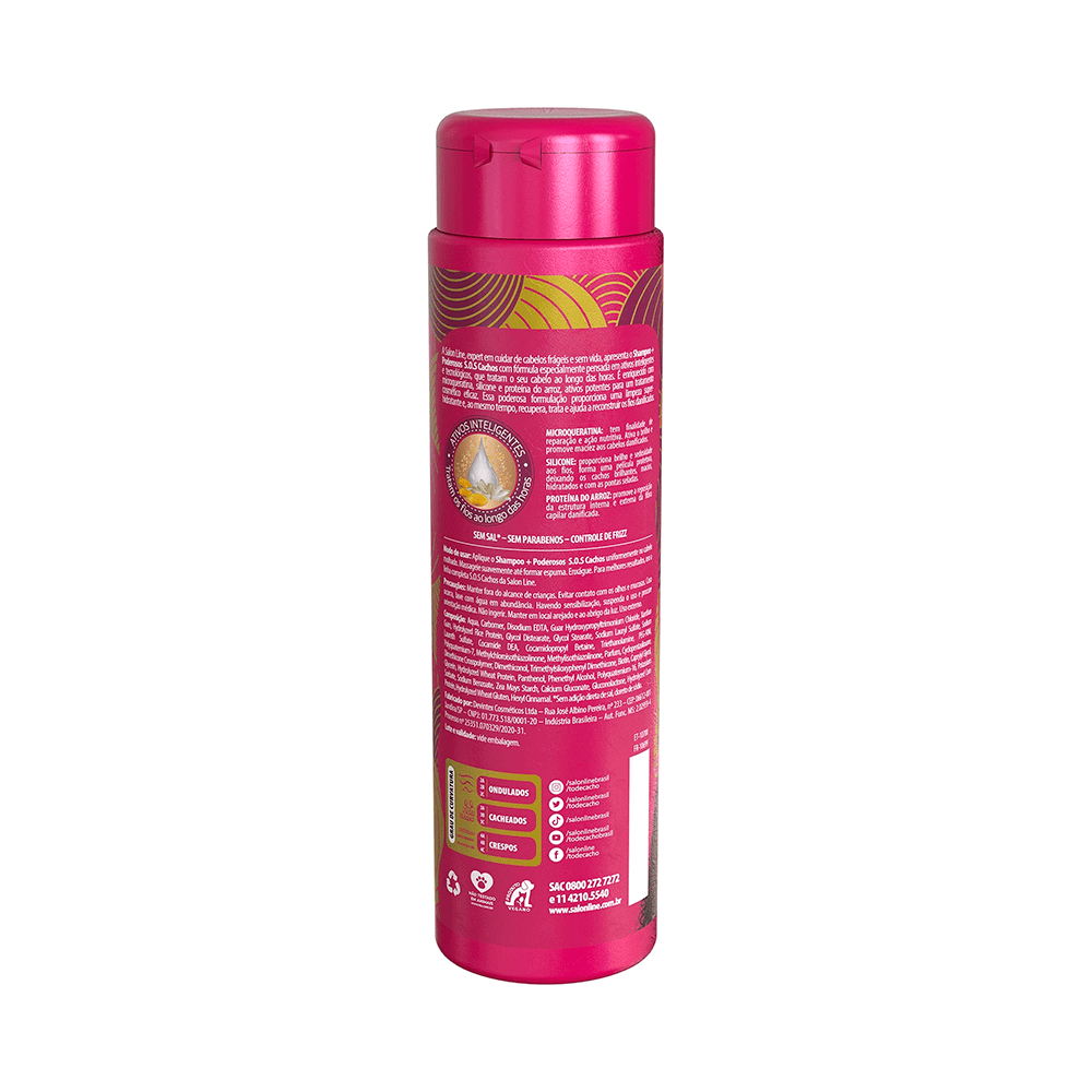 Verso do Shampoo Salon Line SOS Cachos 10 em 1 mostrando ingredientes e benefícios