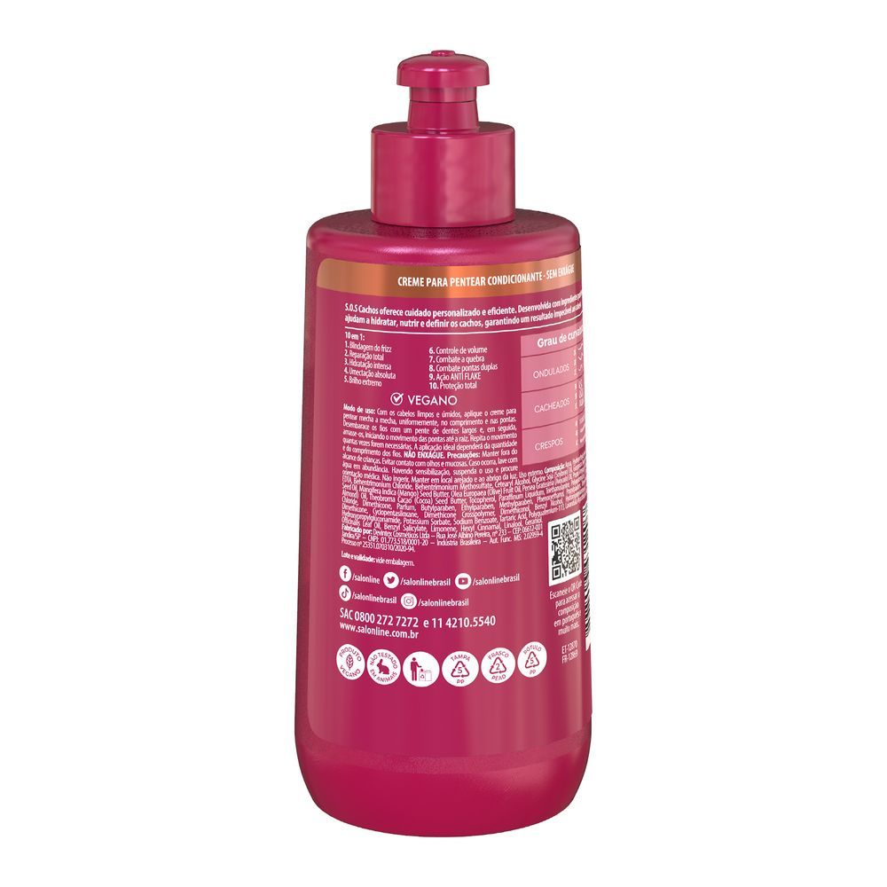 Parte traseira do frasco do Creme para Pentear Salon Line SOS Cachos com instruções e composição